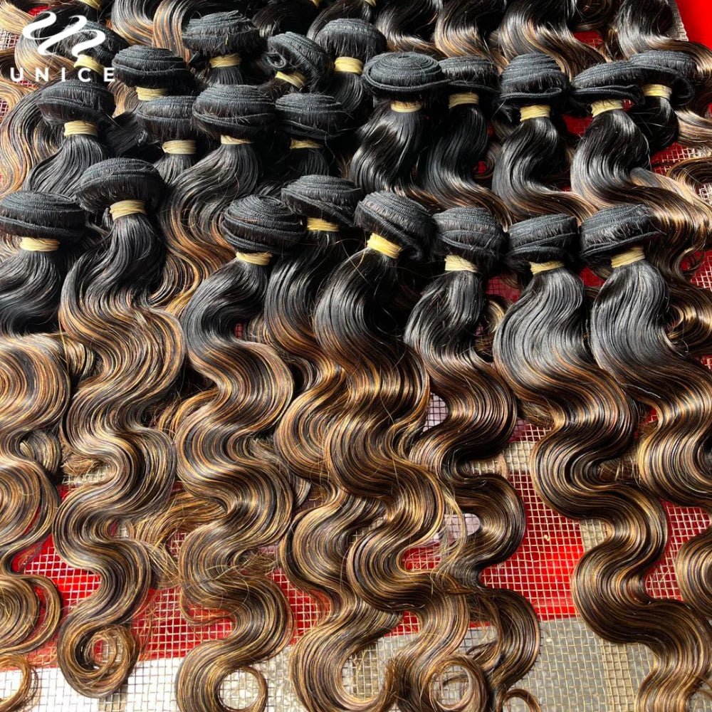 UNICE Hair Brown Balayage Body Wave Human Hair Bundles with Closure Free Part Transparent 4X4 Lace Closure And 2/3/4 PCS Bundles
