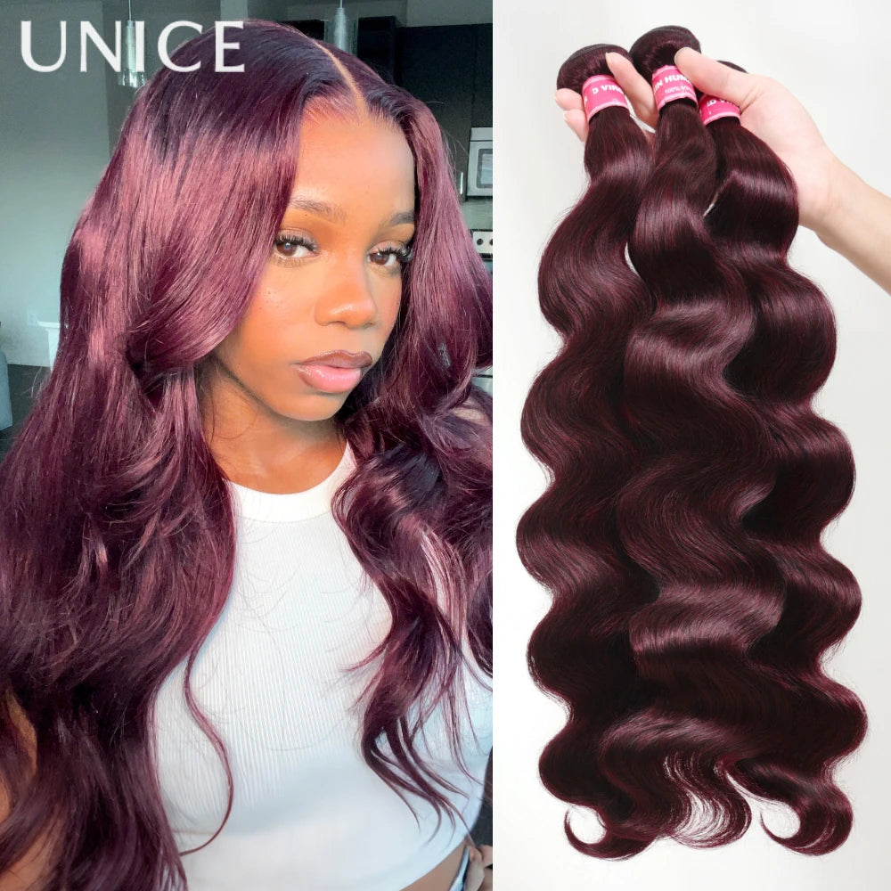 UNice Black Cherry Body Wave Bundles 2/3/4 PCS With 1PC 4x4 Inch Lace Closure Pre Colored 100% Human Hair Bundles With Closure