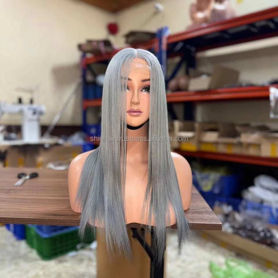 100% Raw Vietnamese Grey Color 18 Inches Bone Straight Human Hair Wigs Double Drawn Long Length Vendor