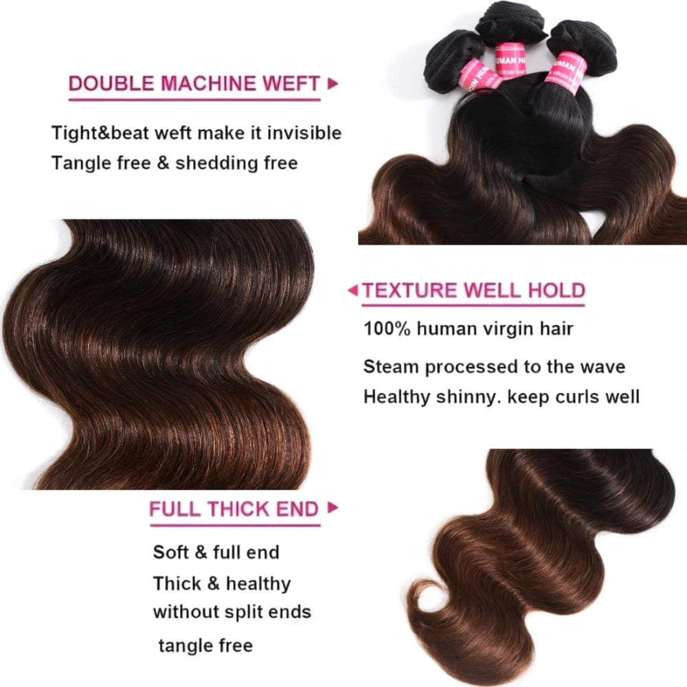 UNice Chestnut Brown Ombre Body Wave Bundles With Closure 100% Human Hair 3 Bundles With 4x4 Lace Closure Make 250% Density Wig
