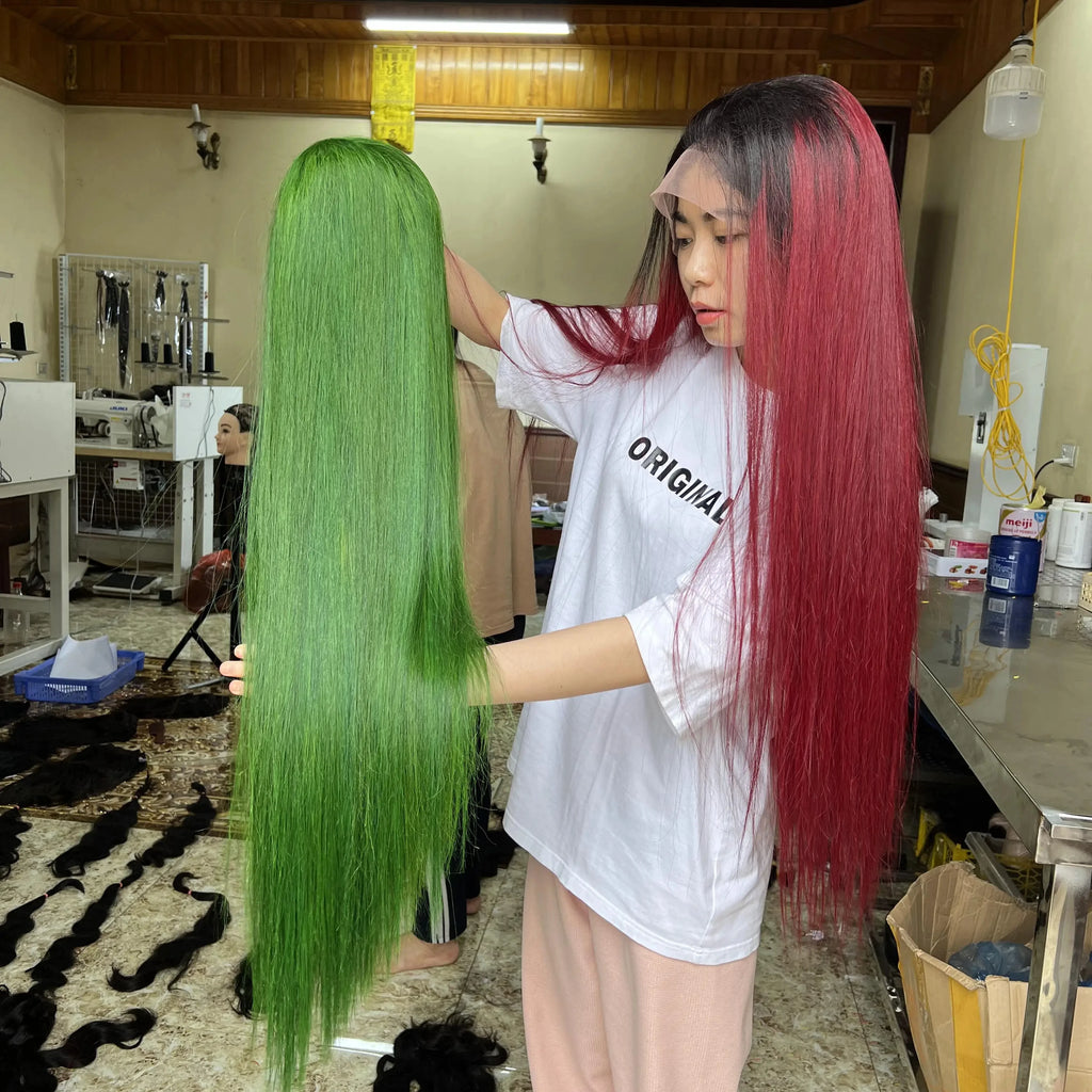 2024 Whosale Raw Vietnamese Human Hair Green Straight Glueless Full HD Transparent Wigs Training Heads Black Women