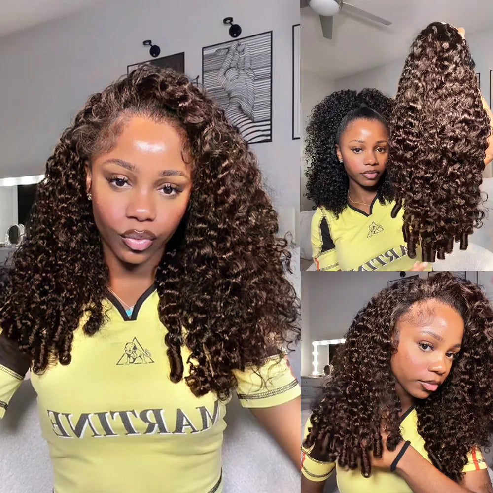 Burmese Curly Half Wig With Drawstring Chocolate Brown Vietnamese Glueless Raw Human Hair Wig Seamless Clip 3 IN 1 Half Wig