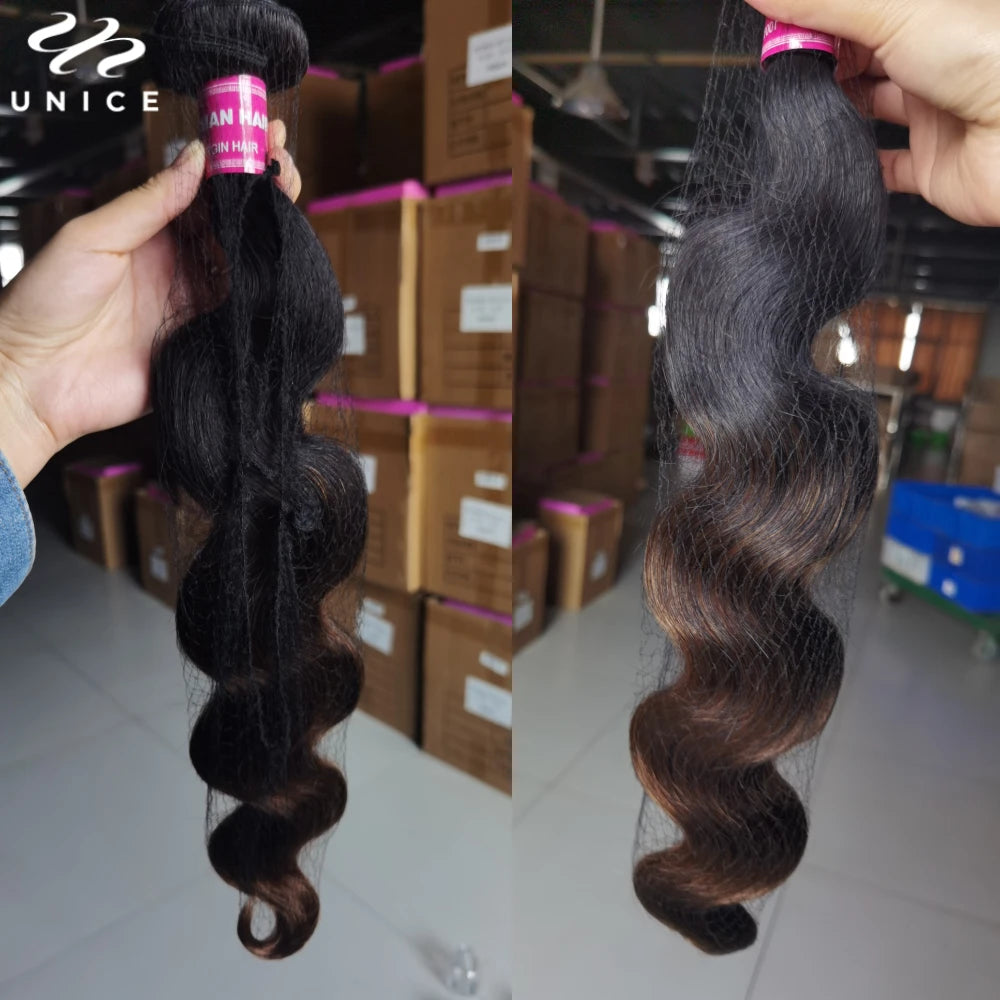 UNice Chestnut Brown Ombre Body Wave Bundles With Closure 100% Human Hair 3 Bundles With 4x4 Lace Closure Make 250% Density Wig