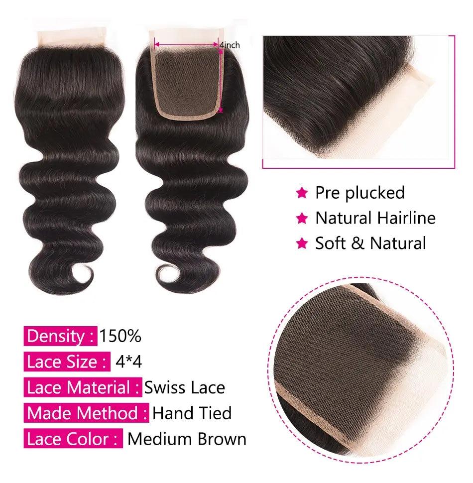 Julia Hair 28 Inch Brazilian Body Wave 3/4 Bundles with Closure Free Part 100% Virgin Human Hair Swiss Lace Closure with Bundles