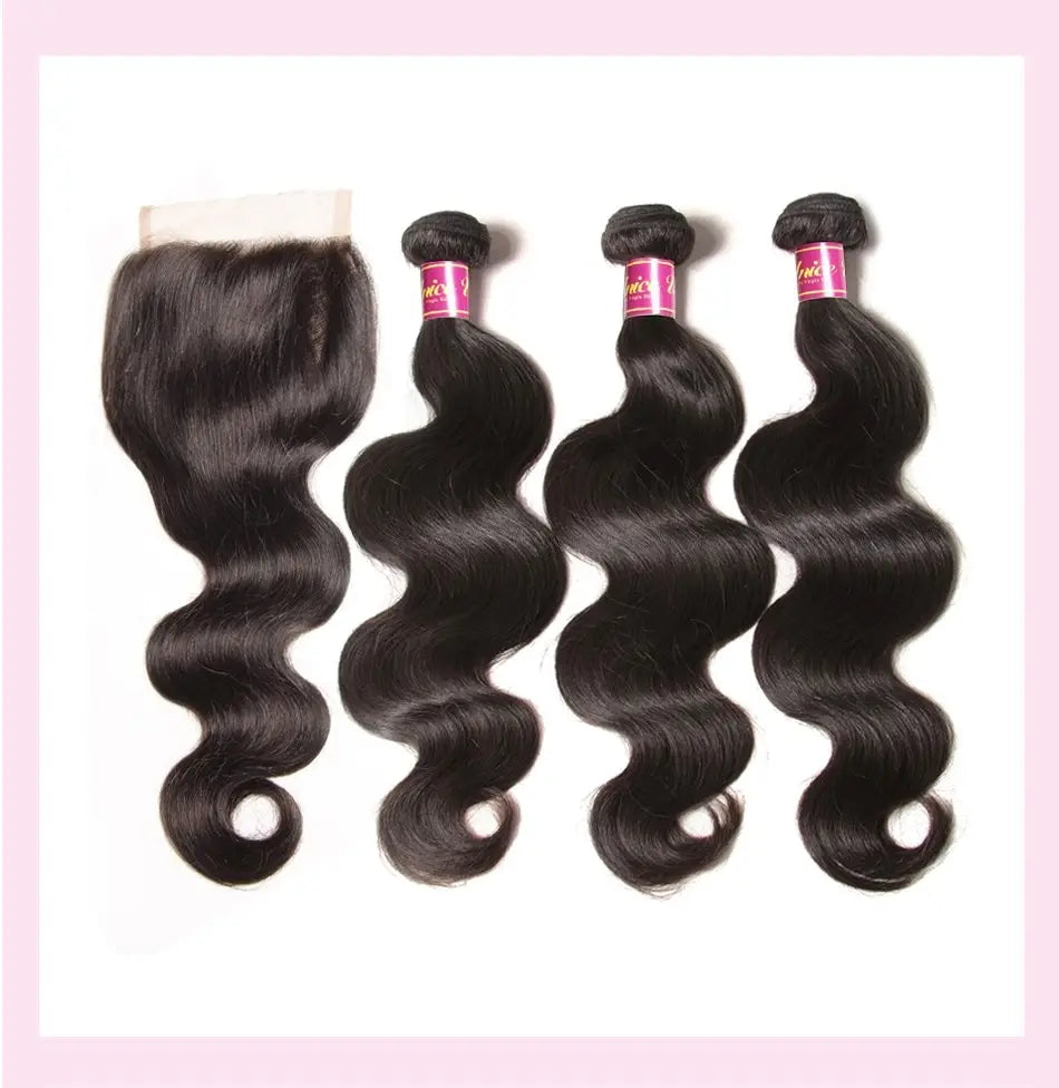 Julia Hair 28 Inch Brazilian Body Wave 3/4 Bundles with Closure Free Part 100% Virgin Human Hair Swiss Lace Closure with Bundles