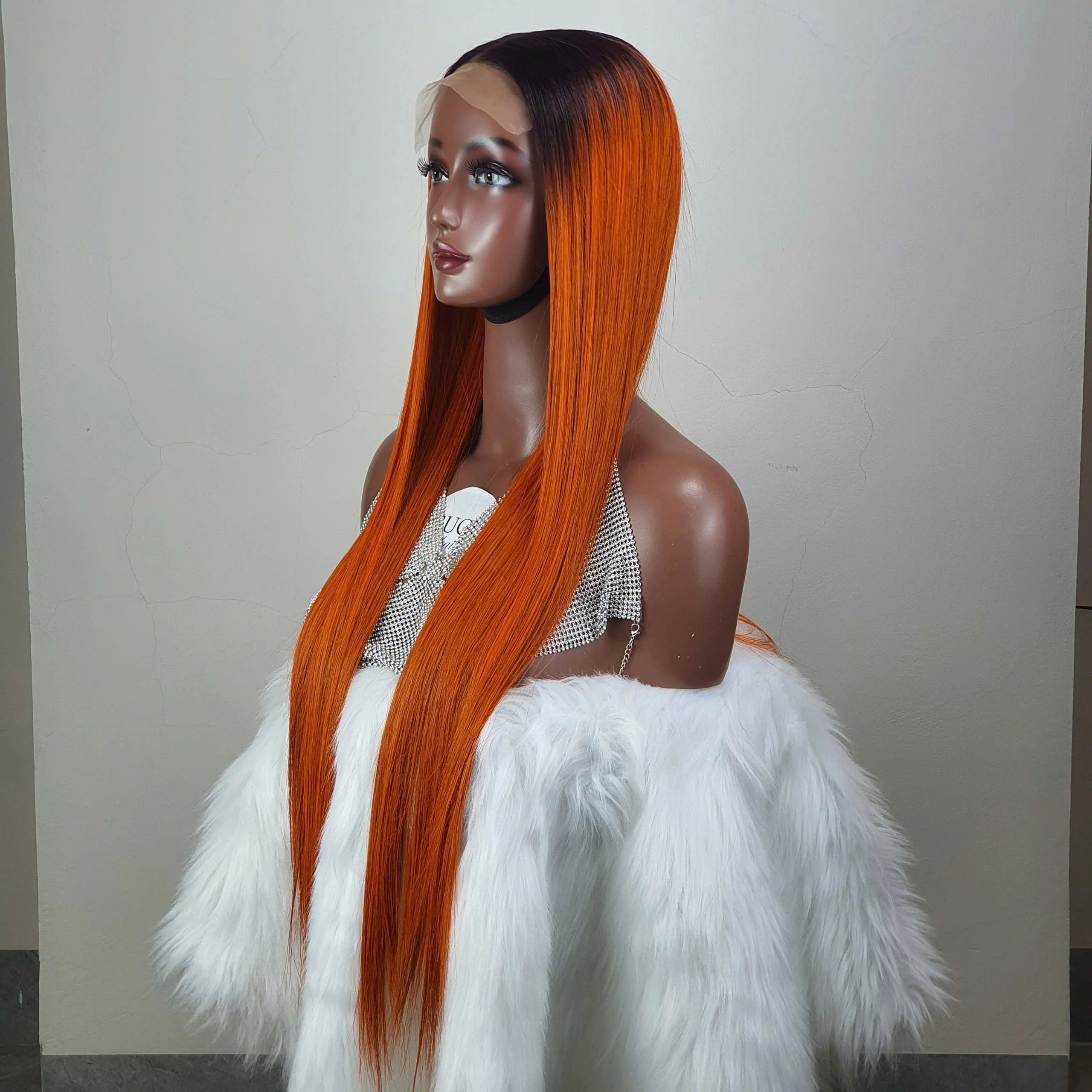 30inch 100% Virgin Vietnamese Remy Human Hair for Orange Deep Wave Straight Lace Front Wigs Double Drawn Long Length Transparent