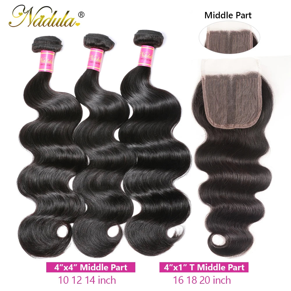 Nadula Hair 3/4 Bundles With Closure Brazilian Body Wave With Closure 4*4 Swiss Lace Closure 100% Remy Human Hair Natural Color