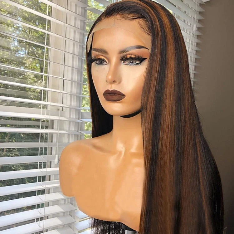Customized Texture Long 40 Inches Honey Brown Highlight Color Cuticle Aligned Hair HD Lace Front Wigs