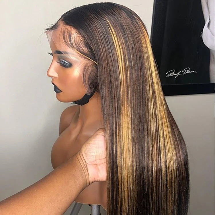 Customized Texture Long 40 Inches Honey Brown Highlight Color Cuticle Aligned Hair HD Lace Front Wigs