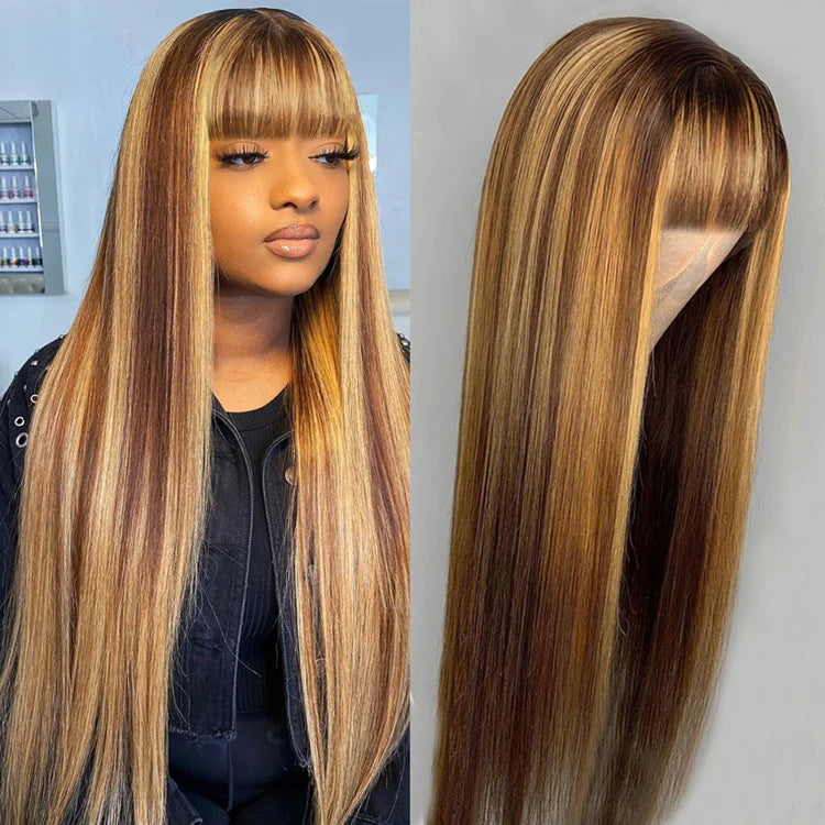 Bone Straight Human Hair 13*4 Honey Brown Highlight Color Lace Front Wigs Brazilian Hair Wigs With Baby Hair