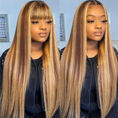Bone Straight Human Hair 13*4 Honey Brown Highlight Color Lace Front Wigs Brazilian Hair Wigs With Baby Hair