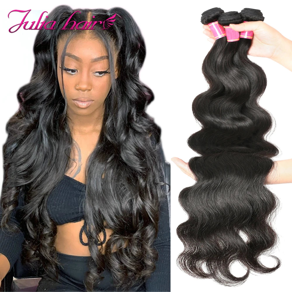 Julia Hair 28 Inch Brazilian Body Wave 3/4 Bundles with Closure Free Part 100% Virgin Human Hair Swiss Lace Closure with Bundles