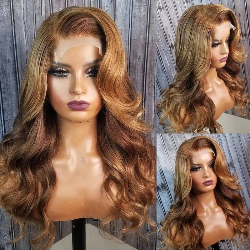 Customized Texture Long 40 Inches Honey Brown Highlight Color Cuticle Aligned Hair HD Lace Front Wigs