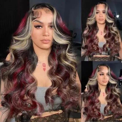 Body Wave Burgundy Ombre 13X4 Front Lace Red Black Blonde Highlight Natural Synthetic Fiber High Temperature Glueless Hair Wigs