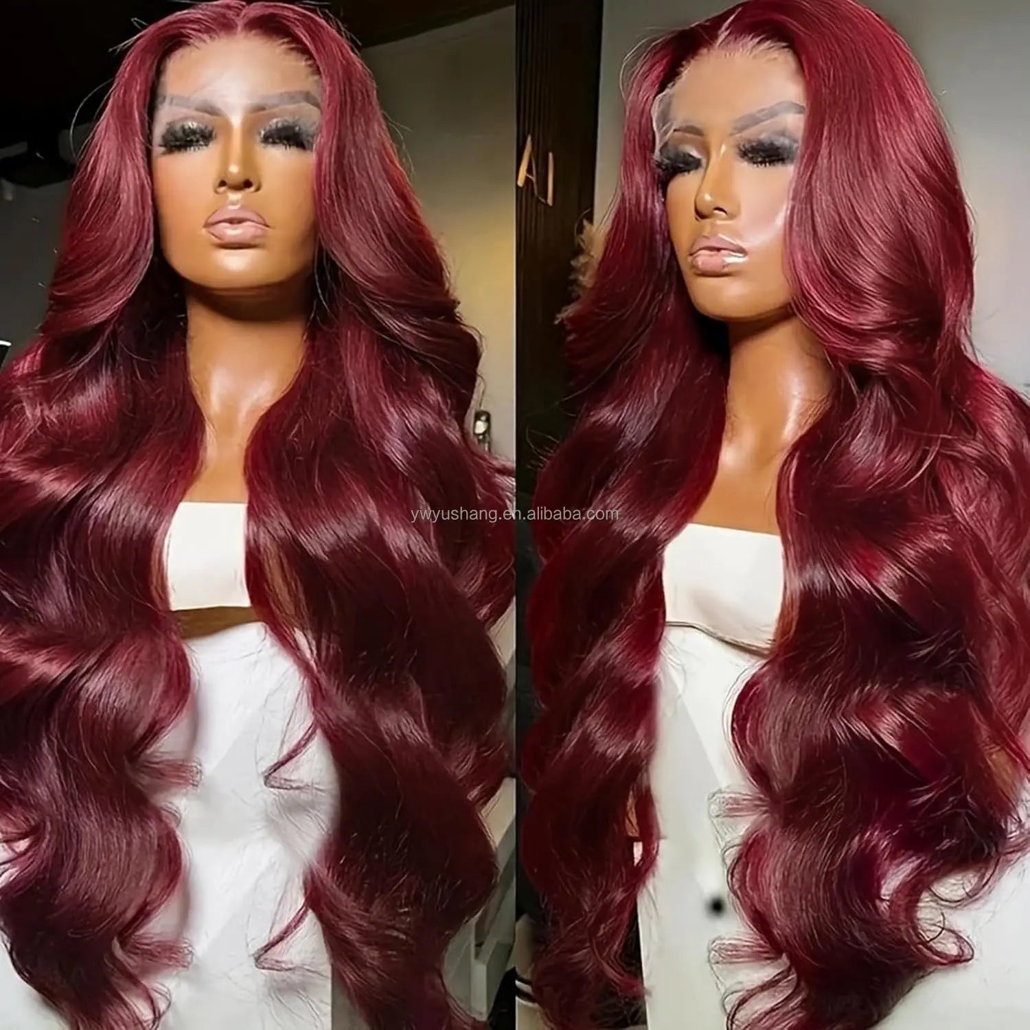 Body Wave Burgundy Ombre 13X4 Front Lace Red Black Blonde Highlight Natural Synthetic Fiber High Temperature Glueless Hair Wigs