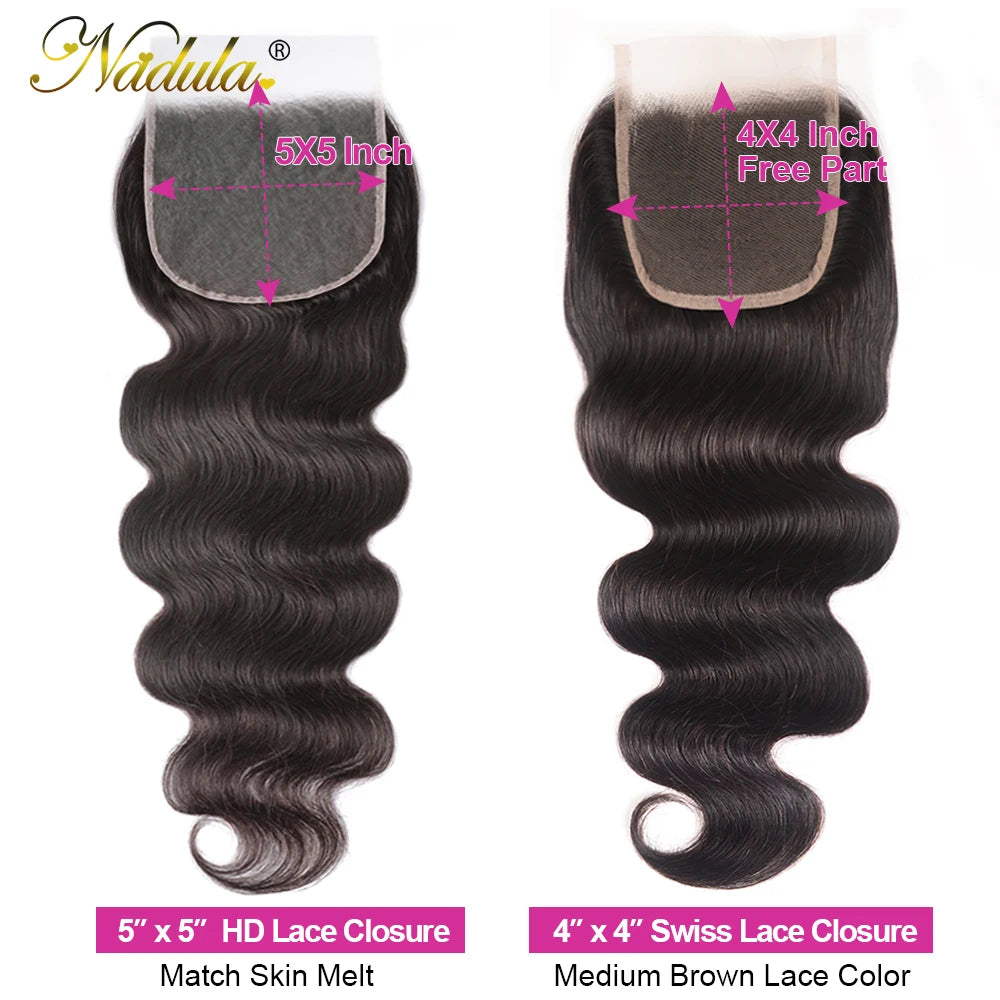 Nadula Hair 3/4 Bundles With Closure Brazilian Body Wave With Closure 4*4 Swiss Lace Closure 100% Remy Human Hair Natural Color