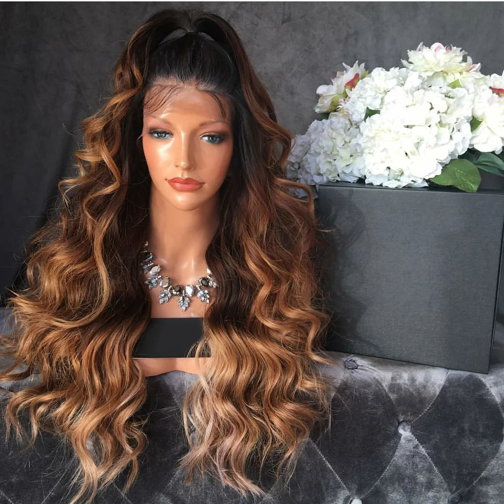 Customized Texture Long 40 Inches Honey Brown Highlight Color Cuticle Aligned Hair HD Lace Front Wigs