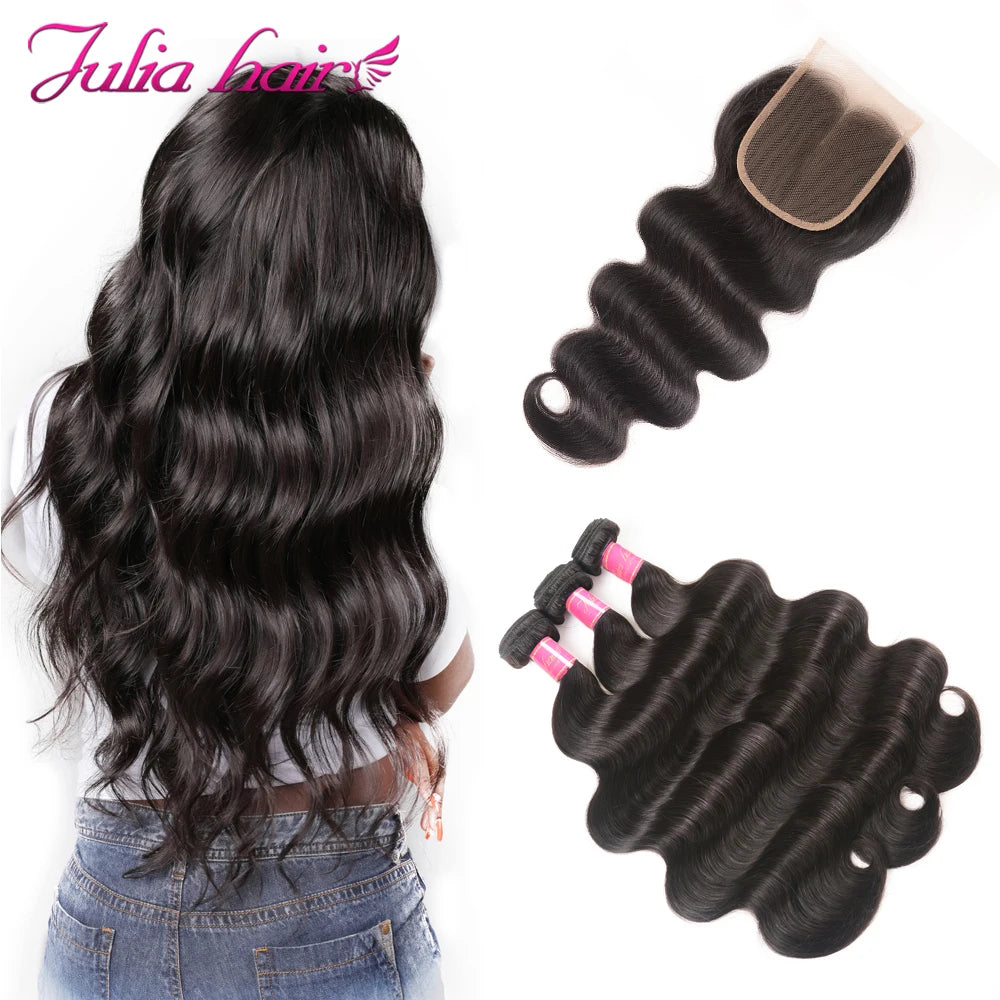 Julia Hair 28 Inch Brazilian Body Wave 3/4 Bundles with Closure Free Part 100% Virgin Human Hair Swiss Lace Closure with Bundles