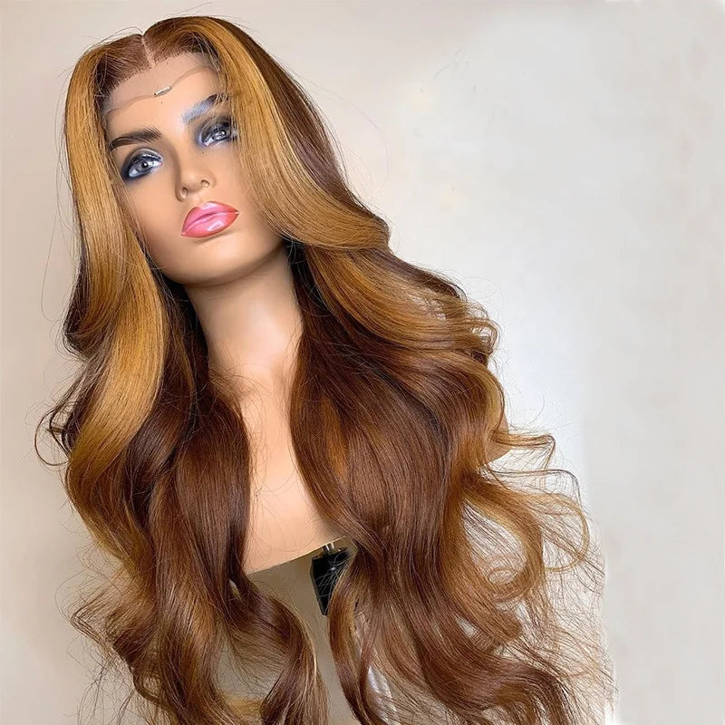 Customized Texture Long 40 Inches Honey Brown Highlight Color Cuticle Aligned Hair HD Lace Front Wigs