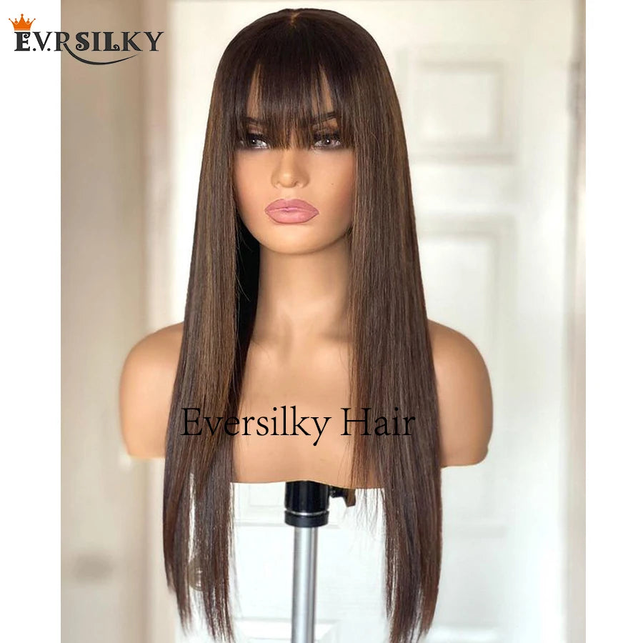 200Density Silky Straight Fringe Human Hair Wigs with Bangs Pre Plucked Highlight Brown 13x6 Deep Part Lace Front Wigs Remy Hair