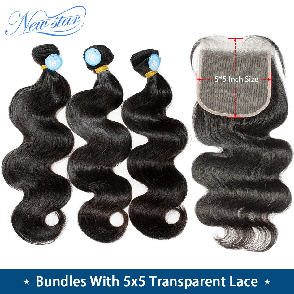 Invisible HD 5x5 Lace Closure With 10A Bundles Brazilian Body Wave Raw Virgin Hair New Star Thick Human Hair Weave And Closure