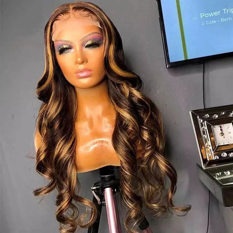 Customized Texture Long 40 Inches Honey Brown Highlight Color Cuticle Aligned Hair HD Lace Front Wigs