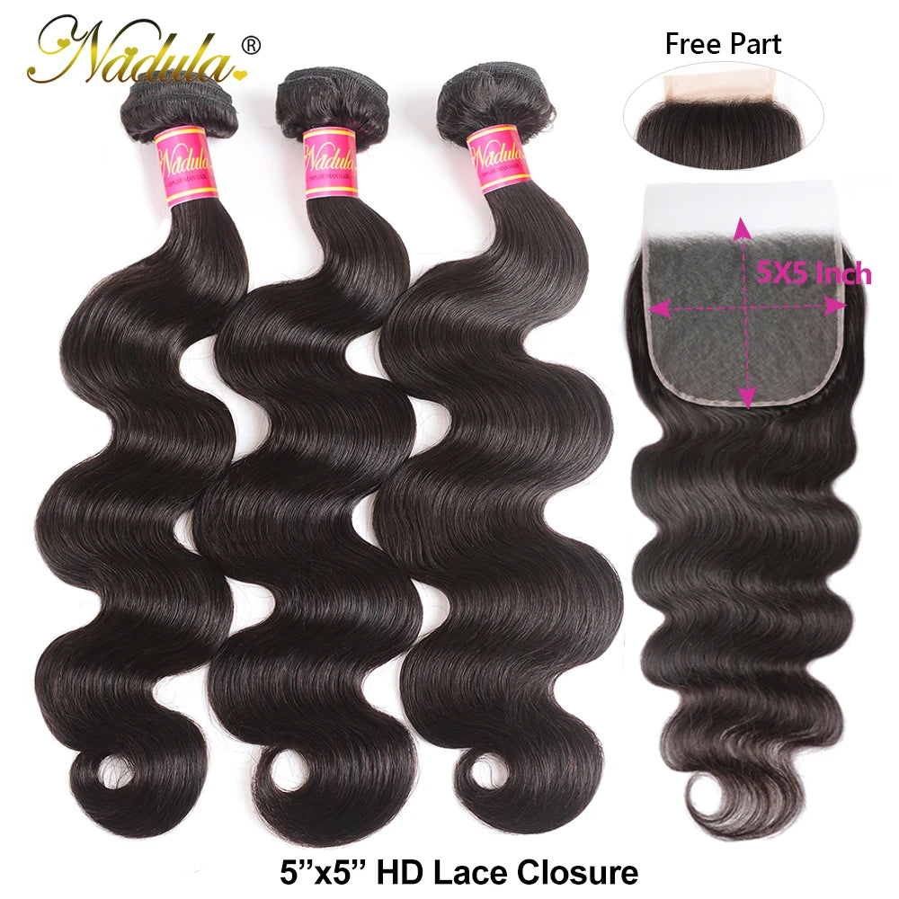 Nadula Hair 3/4 Bundles With Closure Brazilian Body Wave With Closure 4*4 Swiss Lace Closure 100% Remy Human Hair Natural Color