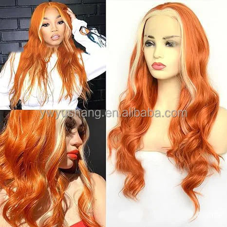 Body Wave Burgundy Ombre 13X4 Front Lace Red Black Blonde Highlight Natural Synthetic Fiber High Temperature Glueless Hair Wigs