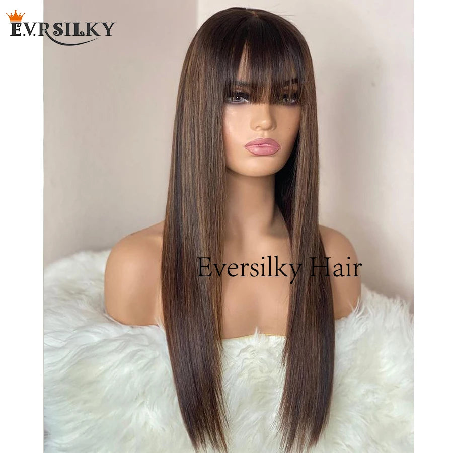 200Density Silky Straight Fringe Human Hair Wigs with Bangs Pre Plucked Highlight Brown 13x6 Deep Part Lace Front Wigs Remy Hair