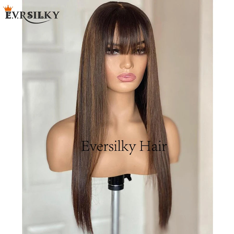 200Density Silky Straight Fringe Human Hair Wigs with Bangs Pre Plucked Highlight Brown 13x6 Deep Part Lace Front Wigs Remy Hair