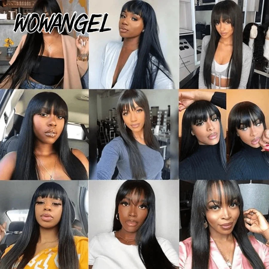 Straight Human Hair Wigs With Bangs 5x5 HD Lace Closure Wigs Human Hair Pre Plucked Glueless Wigs With Natural Scalp For Women