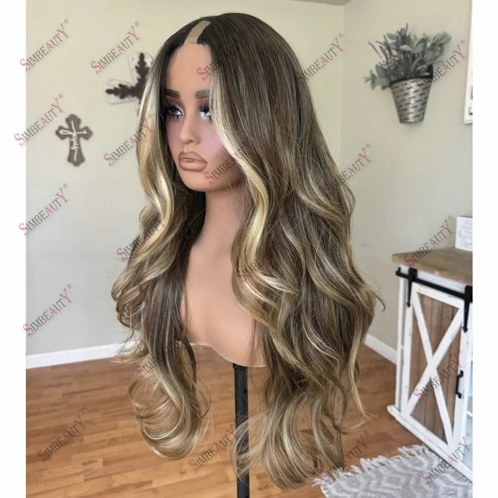 Brown Highlight Blonde U Part Wig Human Hair Adjustable Natural Body Wave 1*4 Size V Part Wig Human Hair Easy Wear for Women
