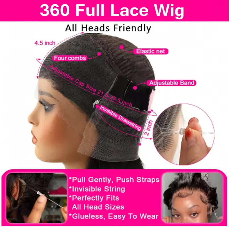 Kinky Straight 360 Full Lace Wig Human Hair PrePluck Invisible Strap Snug Fit 360 Frontal Wig Brazilian Glueless Lace Front Wig