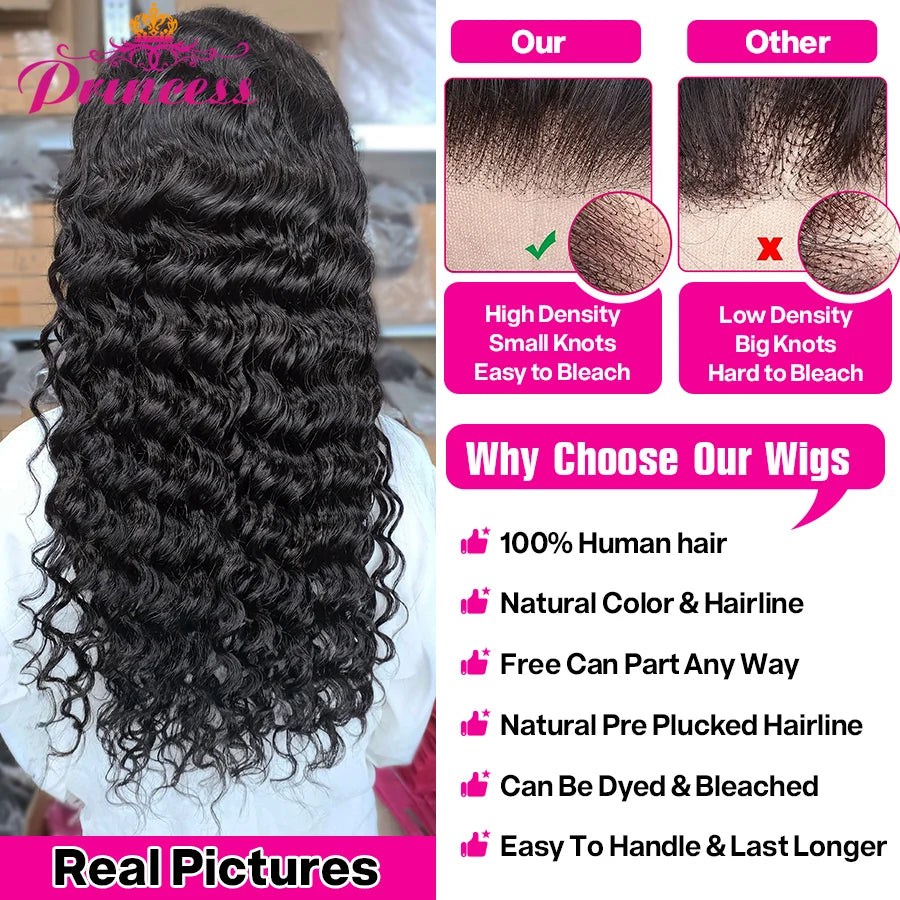Princess 13x4/13x6 HD Transparent Lace Front Human Hair Wigs PrePlucked Brazilian Deep Wave Lace Frontal Wig with Baby Hair
