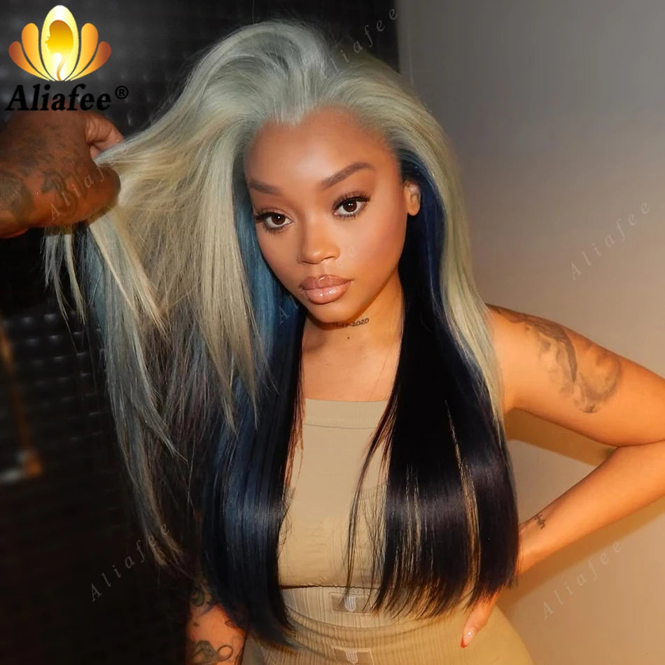 Gray with Dark Blue Straight 180% Density 13x6 Lace Frontal Wigs Human Hair for Women Ombre Colored 13x4 Straight Lace Front Wig