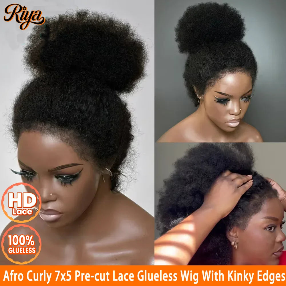 Afro Curly 4x4 5x5 Invisible HD Lace Wig With 4c Edges Afro Curly Human Hair Wigs 7x5 HD Lace Glueless Wig With Kinky Edges