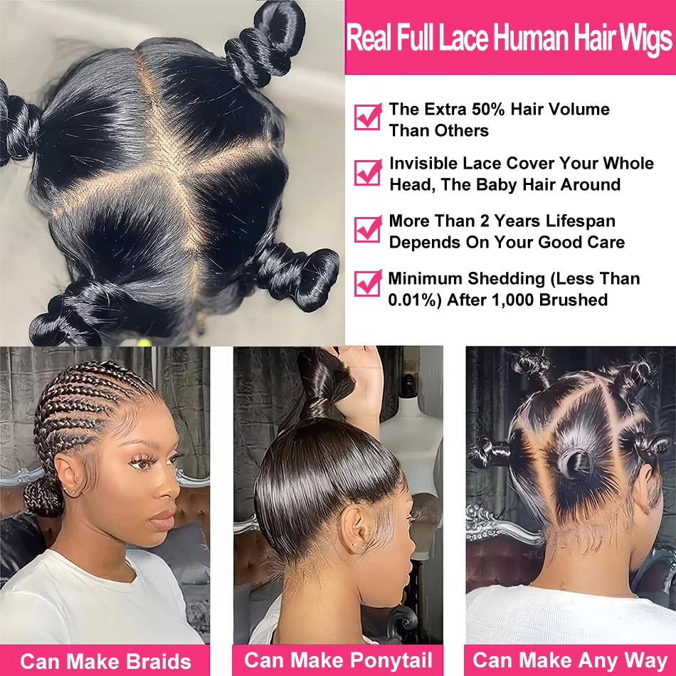Real Full Lace Wig Human Hair for Women 250% Brazilian Bone Straight HD Full Lace Frontal Wig Ready To Wear Preplucked For Women