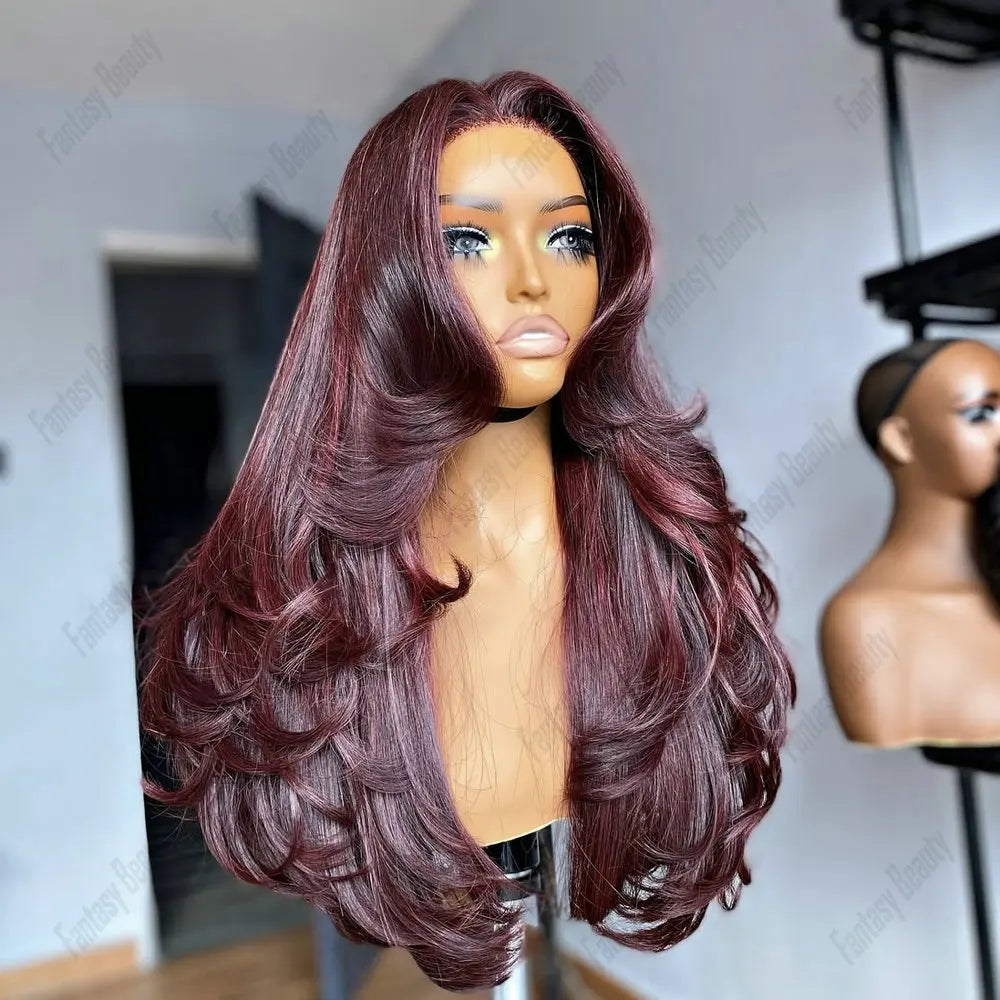 Burgundy red Long Natural Straight Remy Indian Human Hair 5x5HD Lace Wigs for Black Women Glueless PrePlucked 360 Lace Front Wig
