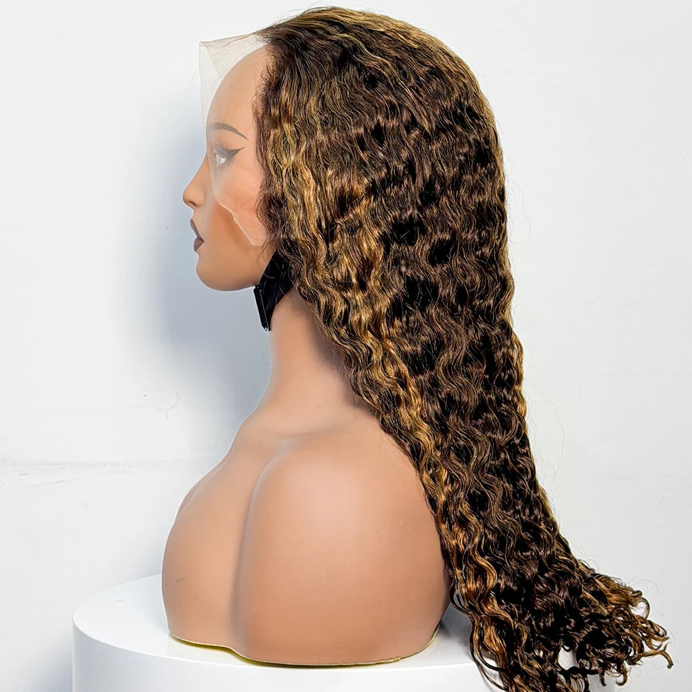 Water Wave Curly Human Hair Wigs 300% Density 13X4 Transparent Lace Frontal Wig 22Inch Natural Highlight Color for Black Women