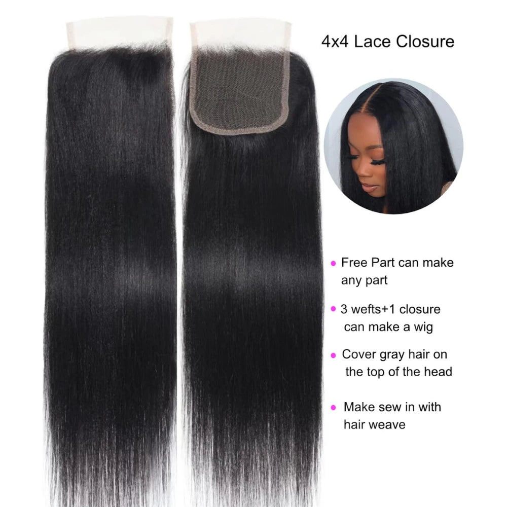 UNice Hair Yaki Straight  Human Hair Bundles 2/3/4 PCS With 1PC Free Part 4x4 Inch Lace Closure