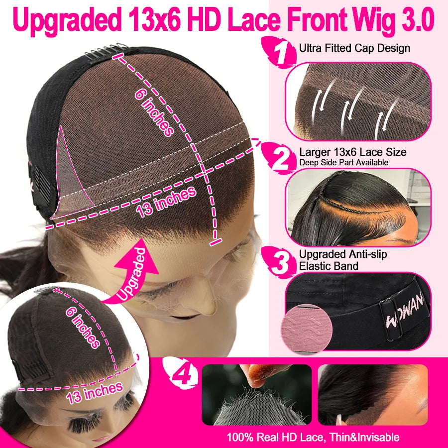 #1 Jet Black 13x6 HD Lace Front Human Hair Wigs 250% Bone Straight Bleached Knots HD Transparent Lace Wigs Pre Plucked For Women