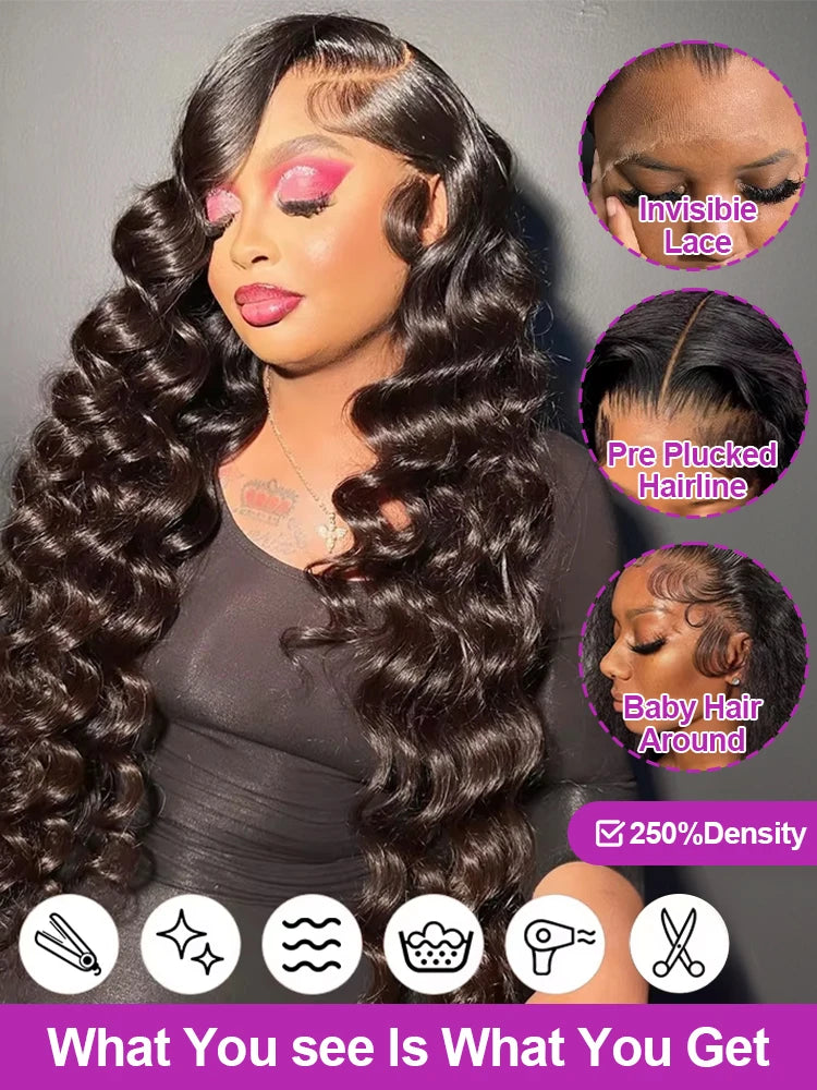 40 Inch HD Loose Deep Wave 13x6 Lace Front Human Hair Wigs Brazilian Curly Water Wavy 13x4 360 HD Transparent Lace For Women 250% High Density Pre Plucked Baby Hair 100% Natural Wave Human Hair Wigs