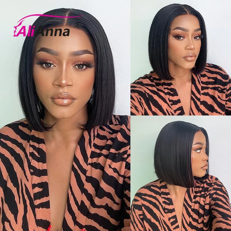 Straight Glueless Wig Human Hair Ready To Wear Short Bob Wigs For Women Transparent Pre Cut Human Hair Wigs Bleached Bye Bye Knots Natural Hairline 100% Human Hair Wigs For Women No Glue Cheap Wigs On Clearance Alianna 4x4 La