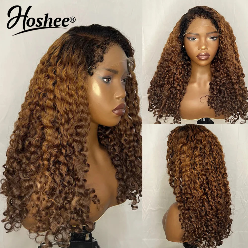 Honey Brown Glueless Colored Human Hair Wigs For Women Burmese Curly 4x4 Pre-Cut Lace Wig Wear And Go Human Hair Wig 250 Density