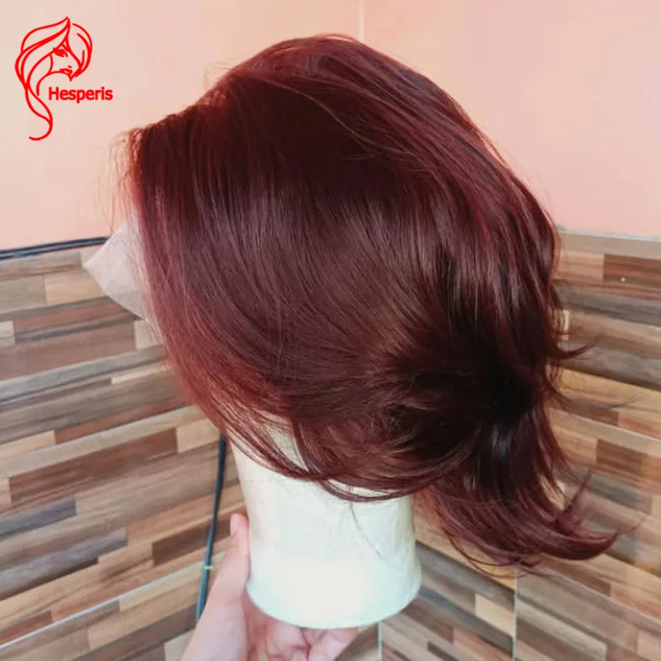 Hesperis Pre Color Hair Full Lace Human HairWigs For Men Pre Cut Male Hair Reddish Brown Transparent Lace Wig Mens Short Cut