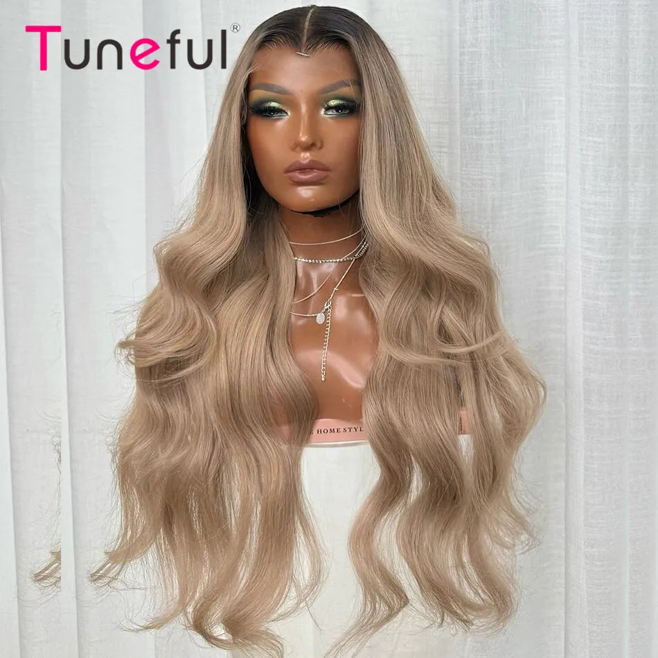 Premium Professional Toned Dark Roots Ash Blonde Mixed Dirty Blonde 13x6 HD Lace Front Human Hair Wigs Colored Lace Frontal Wigs
