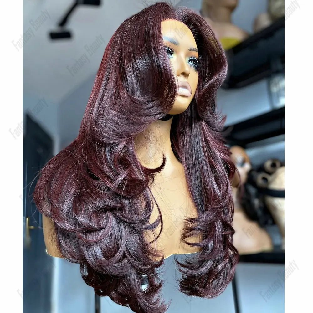 Burgundy red Long Natural Straight Remy Indian Human Hair 5x5HD Lace Wigs for Black Women Glueless PrePlucked 360 Lace Front Wig