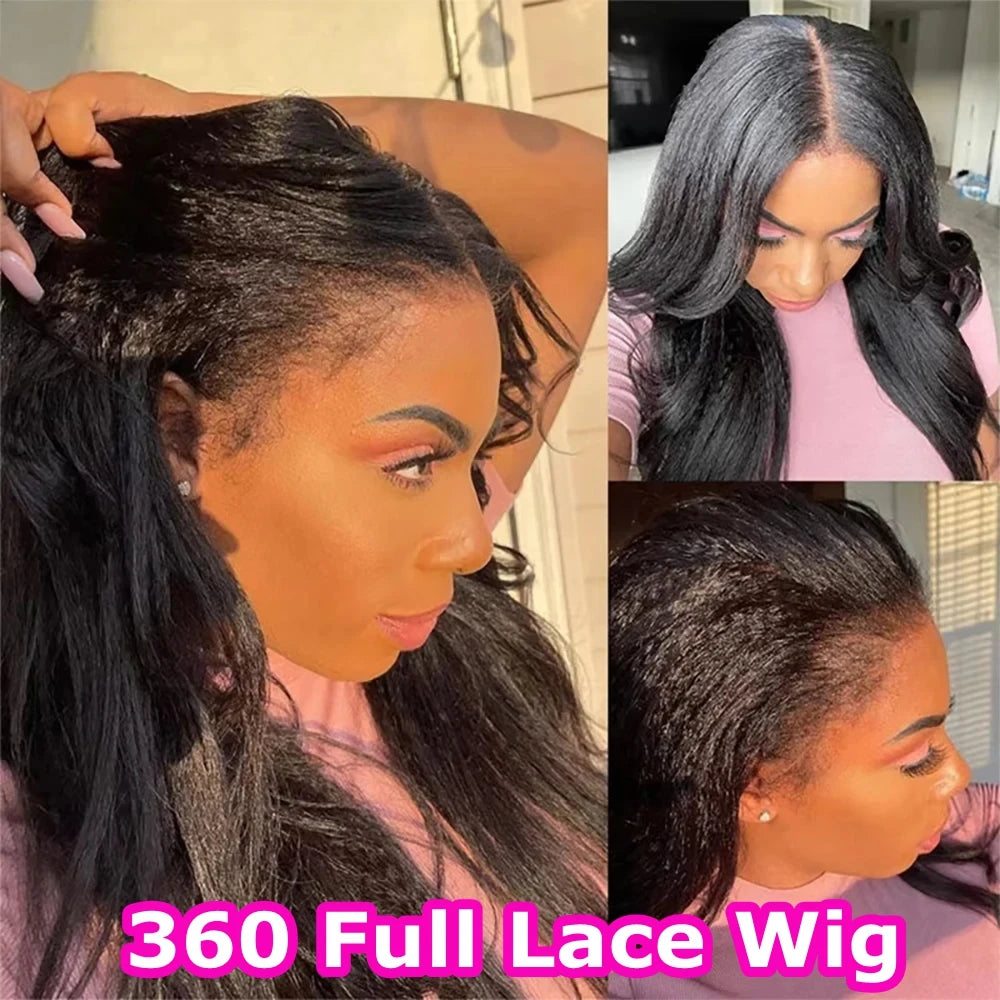 Kinky Straight 360 Full Lace Wig Human Hair PrePluck Invisible Strap Snug Fit 360 Frontal Wig Brazilian Glueless Lace Front Wig