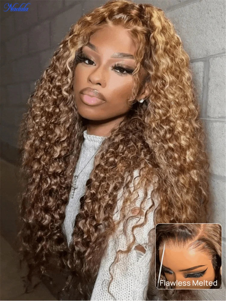Nadula 13x4 Honey Blonde Highlights Glueless Wig Warm Soft Wet & Wavy Texture Lace Frontal Invisible Knots Put on and Go Wig