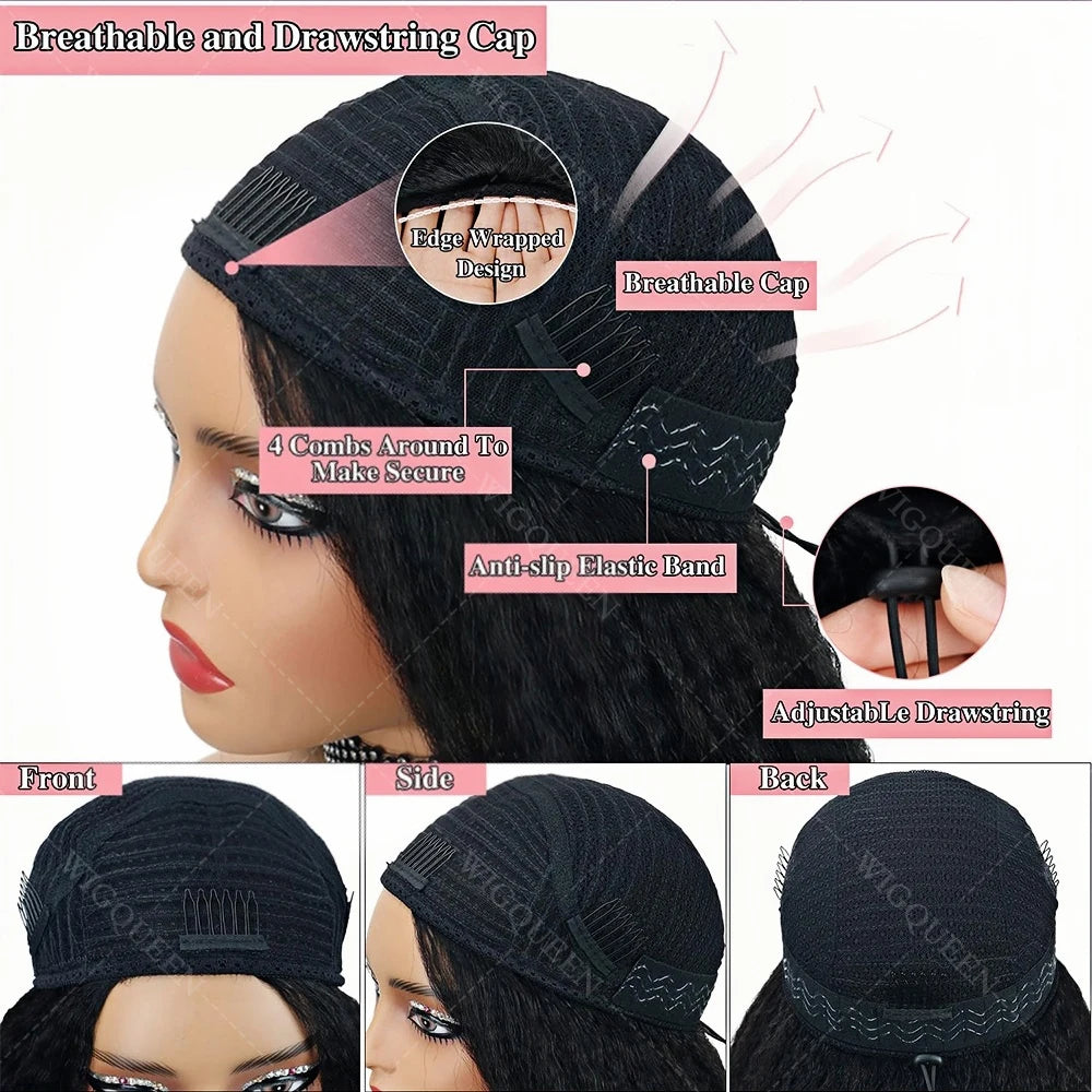Kinky Straight Glueless Wigs Adjustable Drawstring 3 IN 1 Half Wigs Human Hair 250% Snug Fit No Leave Out Clip-in Yaki Wave Wigs